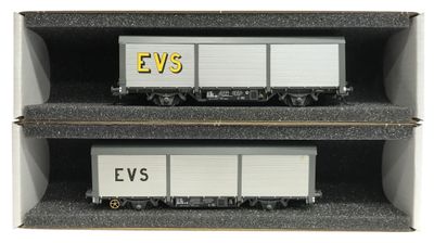 Deux wagons de train miniature sont posés dans une boîte sur une surface blanche