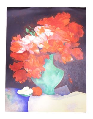 a painting of flowers in a vase on a table