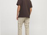 a man wearing a brown t - shirt and khaki cargo pants