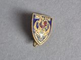 an image of a gold and blue enamel badge on a gray surface