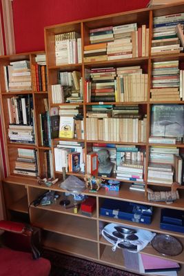 une étagère avec de nombreux livres dans une pièce