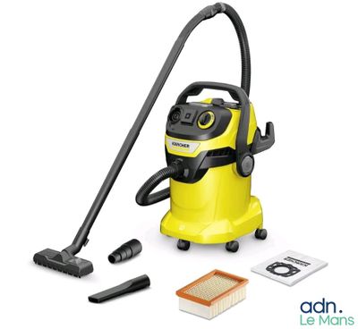 a yellow vacuum cleaner with a black hose and cleaning supplies