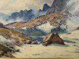 a painting of a mountain scene with a lake in the foreground