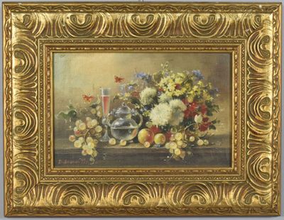painting of a still life of flowers and fruit in a gold frame