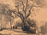 un dessin représentant des personnes assises sous un arbre dans un parc