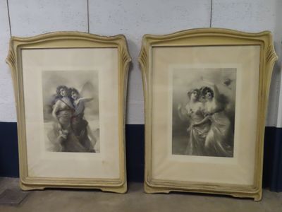 two framed pictures of a couple of women sitting next to each other