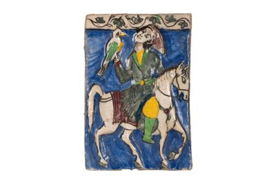 tableau représentant un homme à cheval avec un oiseau sur l'épaule