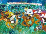 tableau représentant une course hippique avec des jockeys et des chevaux en pleine course