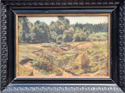 framed oil painting of a landscape of a field and trees
