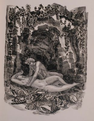 an old black and white drawing of a naked woman laying on a bed