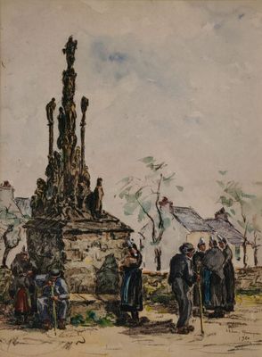 une image représentant un tableau dans lequel on voit un groupe de personnes rassemblées autour d'un monument