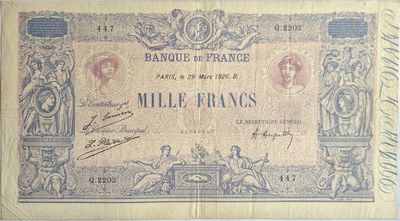 1000 francs bleu et rose 29/3/1926, TTB