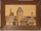 tableau représentant une vue d'une ville avec une tour horloge en arrière-plan
