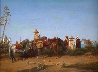 une peinture représentant un groupe de personnes à cheval