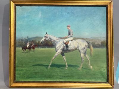 a painting of a man riding a horse in a field