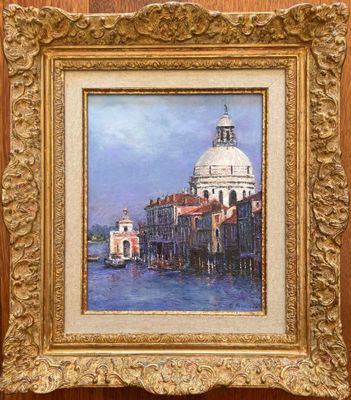 painting of a view of venice from the grand canal in a gold frame