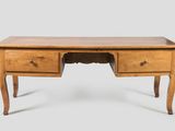 an old wooden desk with two drawers and a drawer underneath it