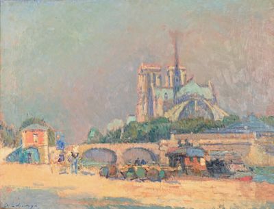 peinture représentant une ville avec un pont et une église