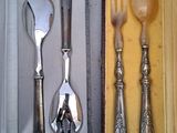 silverware in a box with a spoon, fork and spoon rest