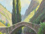 an oil painting of a bridge over a river in a valley