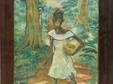 une peinture à l'huile représentant une femme portant un panier dans un environnement boisé