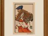 an image of a painting of a man in a blue hat and red pants