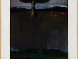 an oil painting of a tree in a field with a dark sky in the background
