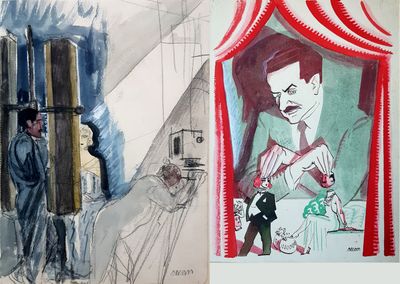 sketches of a man and a woman standing in front of a red and white tent