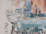 a painting of a man on a boat with people on it
