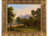 a painting of a landscape with figures in the foreground and a mountain in the background
