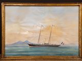 an oil painting of a ship in the ocean with a mountain in the background