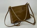 brown leather cross body bag with chain strap and shoulder strap