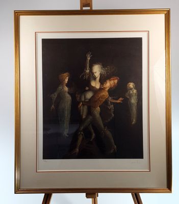 painting of a woman holding a child in her arms in front of a group of people