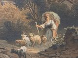 a painting of a woman with a parasol and a flock of sheep