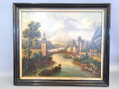 an oil painting of a river scene with a bridge and a castle