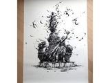 an image of a drawing of a statue with birds flying around it