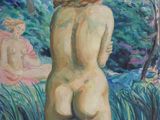une peinture à l'huile représentant une femme debout dans un plan d'eau