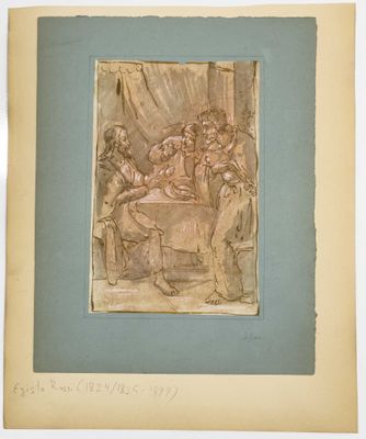 une vieille photo représentant un dessin d'un groupe de personnes assises autour d'une table