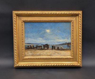 a painting of a group of people standing on a beach