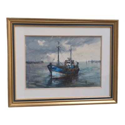 Michel GIRARD (né en 1939) Cherbourg, bateau de pêche Aquare…