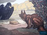 une photo d'un tableau représentant un oiseau et un chien
