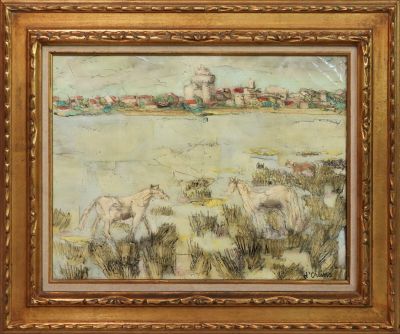 une peinture à l'huile représentant des moutons paissant dans un champ au bord d'une rivière