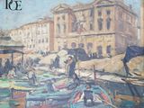 une peinture de bateaux dans un port avec des bâtiments à l'arrière-plan