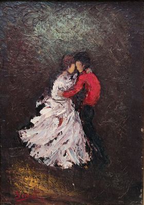 une peinture à l'huile représentant un couple en train de danser, elle en robe blanche et lui en veste rouge