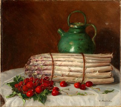tableau représentant des asperges et des cerises sur une table, avec une théière