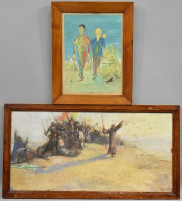 two paintings of people on a beach and a painting of a man on a horse