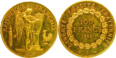 une pièce d'or à l'effigie d'une femme et d'un oiseau