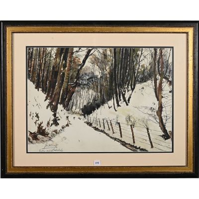 une image représentant un tableau illustrant un sentier enneigé dans les bois