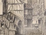 a drawing of a street with buildings on both sides of it