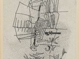 un dessin en noir et blanc représentant un homme assis sur une chaise